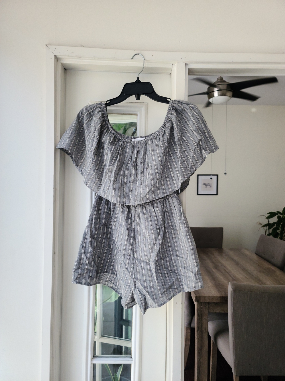 Sadie & Sage Gray Striped Off-Shoulder Romper